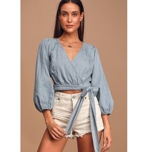 Free People Sophie Light Wash Denim Balloon Sleeve Wrap Crop Top